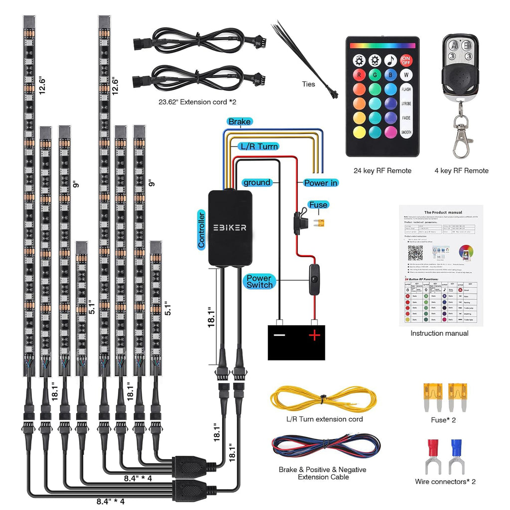 16 PCS Motorcycle RGB LED Light Kit APP/RF Remote_1