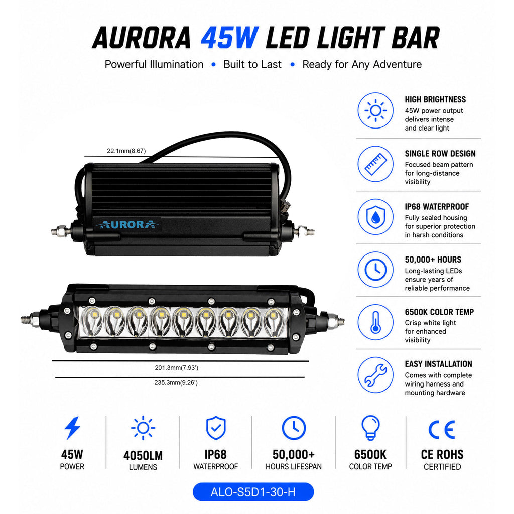 Aurora Light 6" 45W LED Off-Road Driving Light Bar ALO-S1-6-D1D1 IP68 Waterproof - 860518