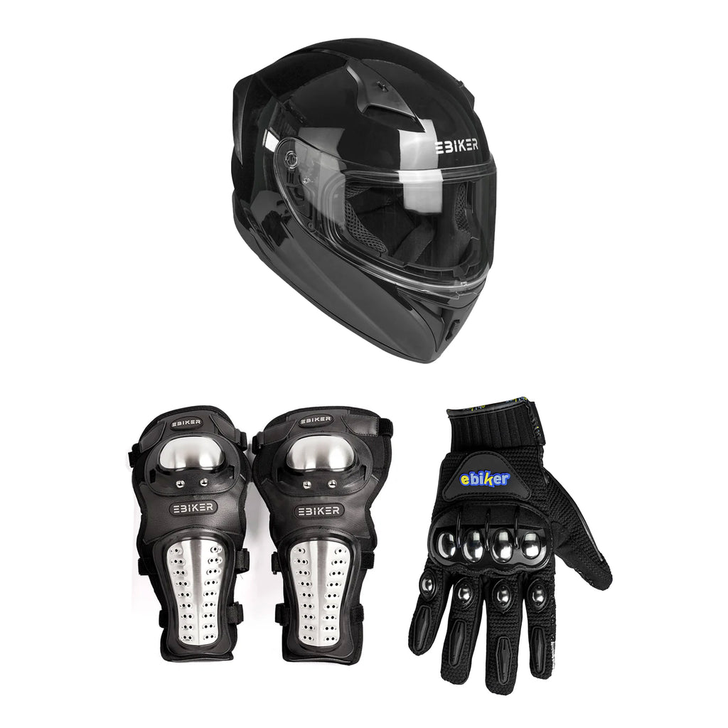 Ebiker Full-Face Helmet + Kneepad & Gloves Combo DOT Dual-Visor Set