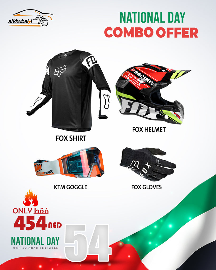 UAE National Day Combo Offer – FOX Helmet, FOX Jersey, FOX Gloves & KTM Goggles