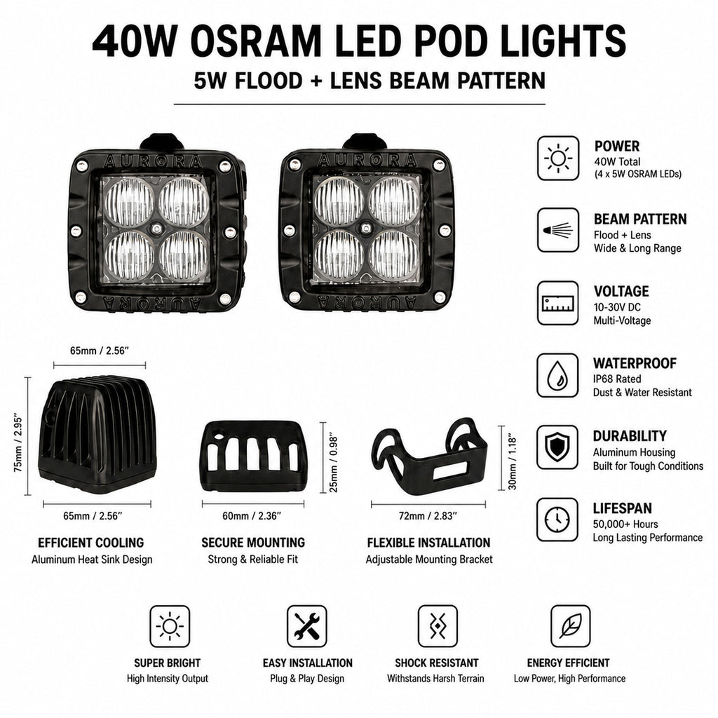 AURORA Square LED Pod Off-Road Light 40W ALO-2-E4T OSRAM - 860514