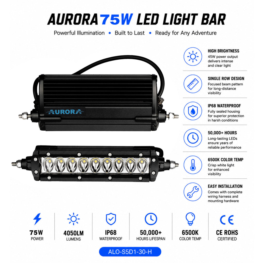 AURORA LIGHT 10" 75W LED Off-Road Light Bar ALO-S1-10-D1D1 - 860519