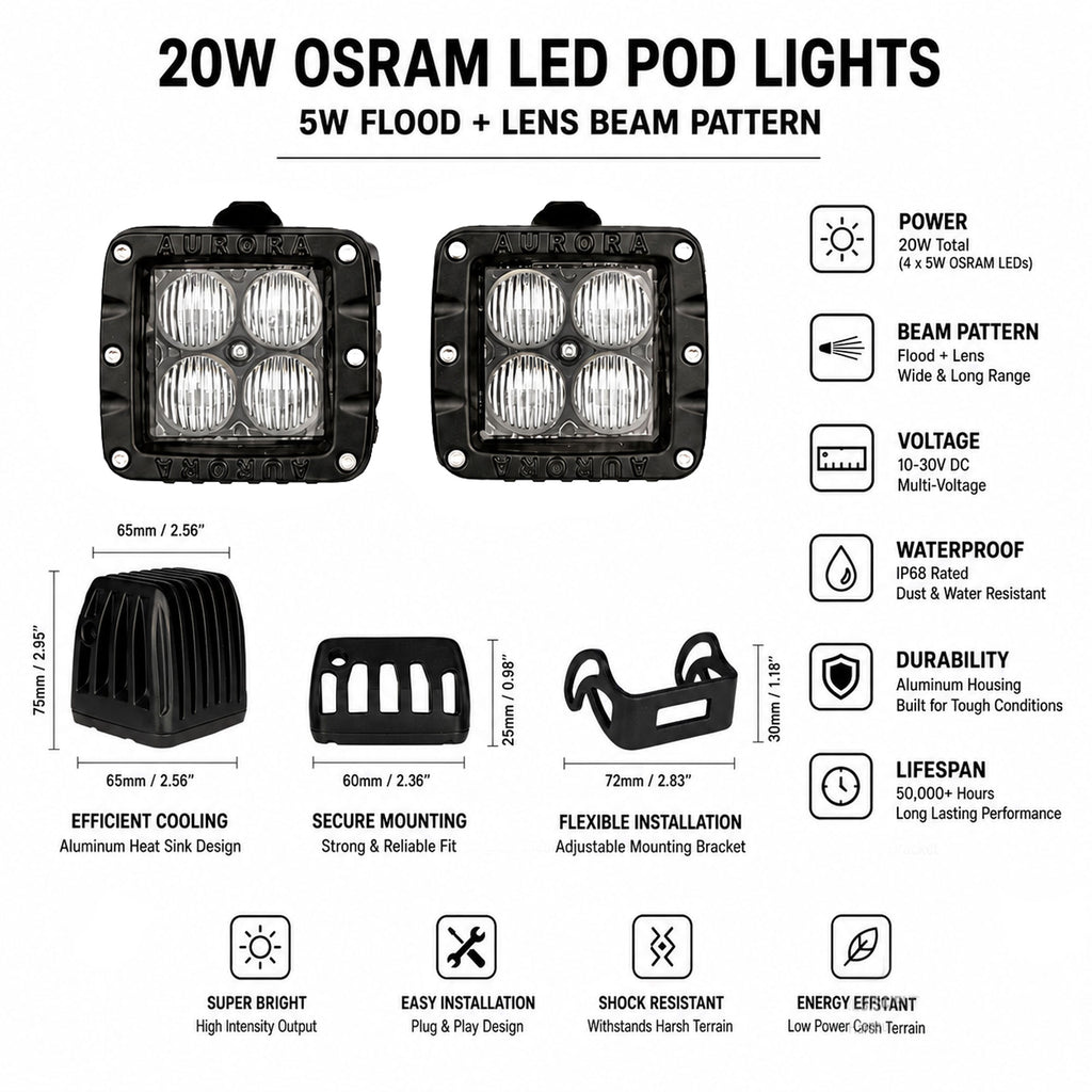 AURORA Square LED Pod Light 20W OSRAM ALO-2-L2D1_5