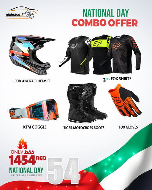 UAE National Day Combo Offer – 100% Aircraft Helmet + 3 FOX Shirts + KTM Goggle + Tiger Motocross Boots + FOX Gloves