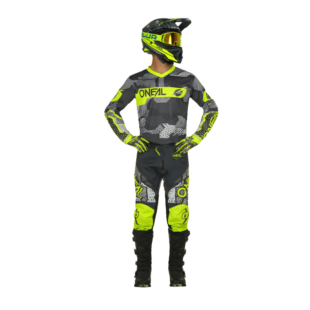 O'NEAL Racing Element Longsleeve Jersey Camo V.22 with Pant -Moisture Wicking Material Cycling Full Suit, Gray/Neon &Yellow- 069968
