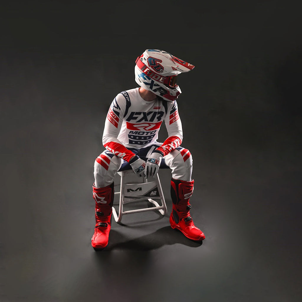 2023 FXR Racing Revo Freedom MX Gear Kit Jersey/Pants Combo Motocross Racing Full Suit, White/Red/Blue - 069972
